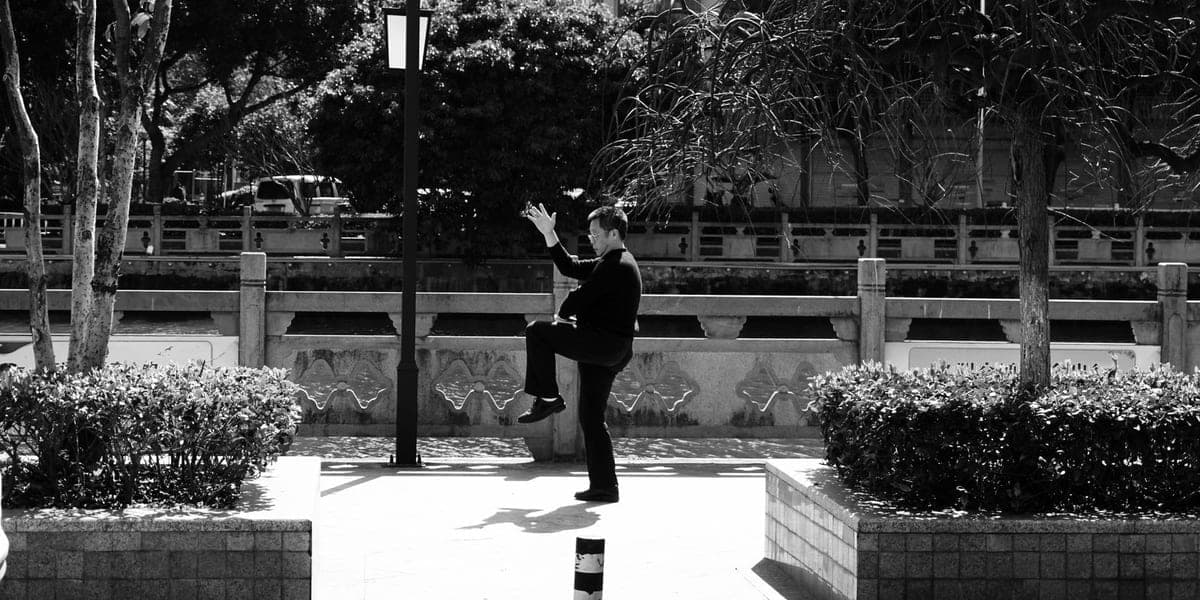 Black and white photograph of a man practicing tai chi in a park
